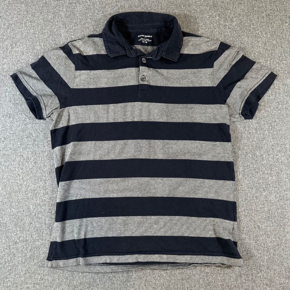 Banana Republic Mens Polo Shirt Medium Blue Gray Striped Cotton Short Sleeve M
